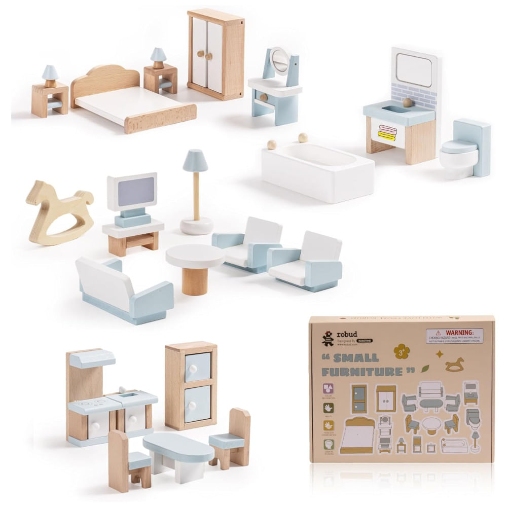 Encontraproduto.com.br - Conjunto de Móveis para Casa de Bonecas ROBUD, 23 Peças, Miniaturas com 5 Kits de Ambientes, Brinquedo Premium, Ideal para Casa de Bonecas