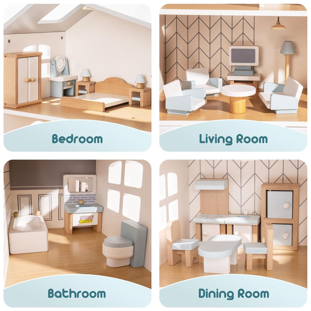 Encontraproduto.com.br - Conjunto de Móveis para Casa de Bonecas ROBUD, 23 Peças, Miniaturas com 5 Kits de Ambientes, Brinquedo Premium, Ideal para Casa de Bonecas