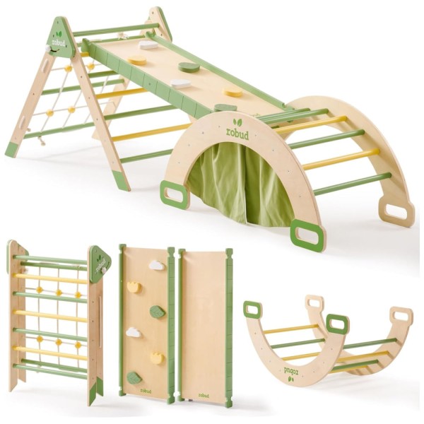 Encontraproduto.com.br - Kit de Escalada Educativo de Madeira 7 em 1 da ROBUD, Escorregador, Balanço, Túnel e Rede para Crianças, Conjunto Montessoriano de Escalada