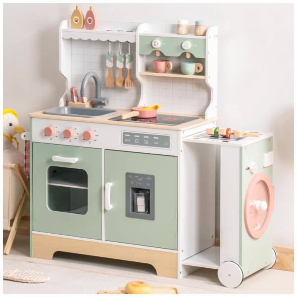 Cozinha Educativa de Madeira ROBUD para Crianças, Conjunto de Brinquedo com Churrasqueira, Máquina de Gelo, Cafeteira e Acessórios