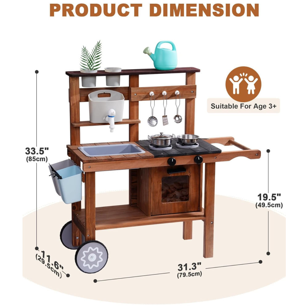Encontraproduto.com.br - Cozinha Educativa de Brincar de Madeira com Rodas para Crianças ao Ar Livre, com Pia Removível - Ideal para Diversão na Terra ou em Casa