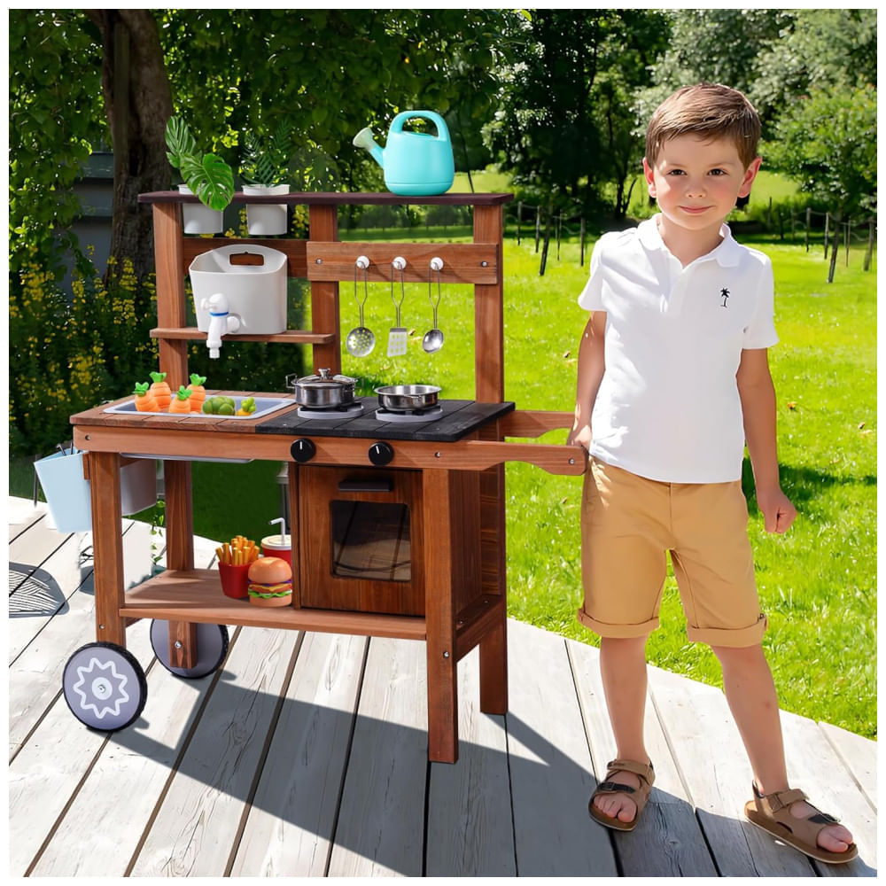 Encontraproduto.com.br - Cozinha Educativa de Brincar de Madeira com Rodas para Crianças ao Ar Livre, com Pia Removível - Ideal para Diversão na Terra ou em Casa