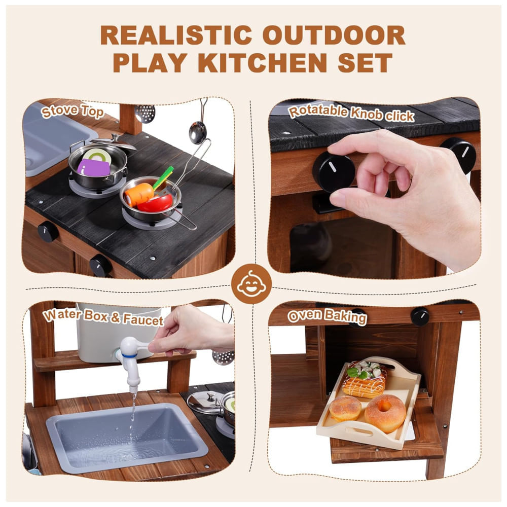 Encontraproduto.com.br - Cozinha Educativa de Brincar de Madeira com Rodas para Crianças ao Ar Livre, com Pia Removível - Ideal para Diversão na Terra ou em Casa