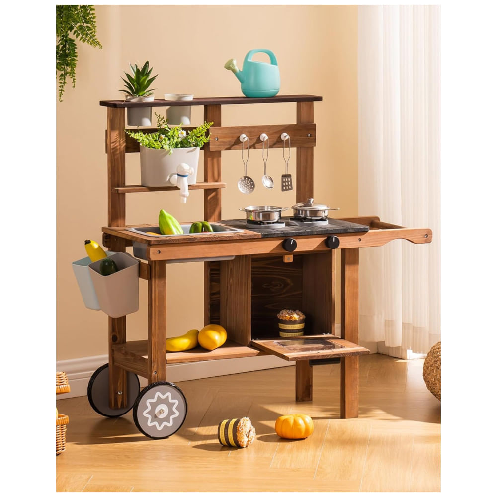 Encontraproduto.com.br - Cozinha Educativa de Brincar de Madeira com Rodas para Crianças ao Ar Livre, com Pia Removível - Ideal para Diversão na Terra ou em Casa