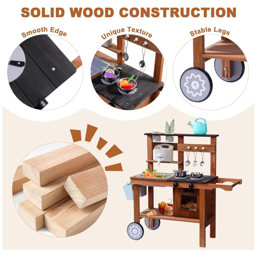 Encontraproduto.com.br - Cozinha Educativa de Brincar de Madeira com Rodas para Crianças ao Ar Livre, com Pia Removível - Ideal para Diversão na Terra ou em Casa