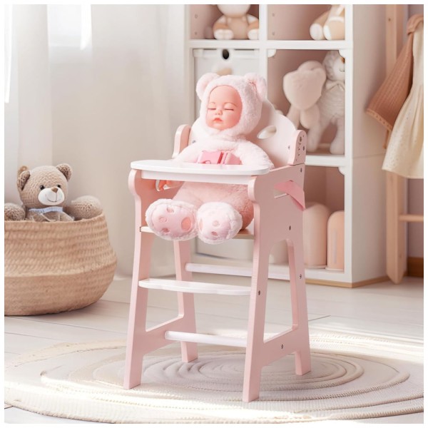 Encontraproduto.com.br - Cadeira de Boneca de Madeira Rosa com Cinto de Segurança e Mesa Removível, Ideal para Bonecas de 46 cm - Acessório Encantador!ROBUD