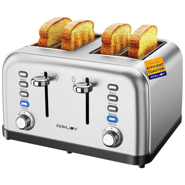 Torradeira 4 Pães em Aço Inox Escovado, Controles Individuais, Espaço Extra para Bagel, Pão e Waffles, 7 Níveis de Tostagem, 4 Fatias,RAMJOY