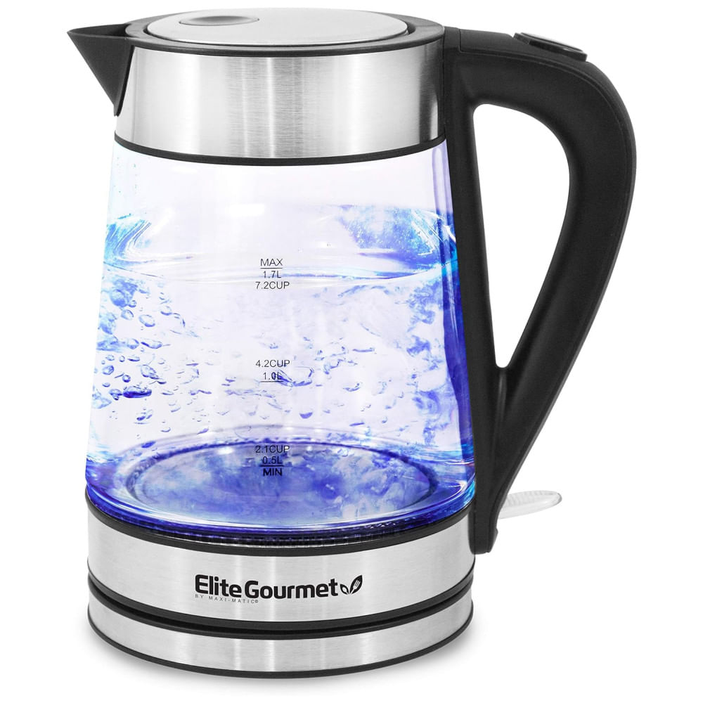 Encontraproduto.com.br - Chaleira Elétrica de Vidro Elite Gourmet EKT602X 1,7L com LED Azul, Aço Inoxidável - Rápida, Desligamento Automático