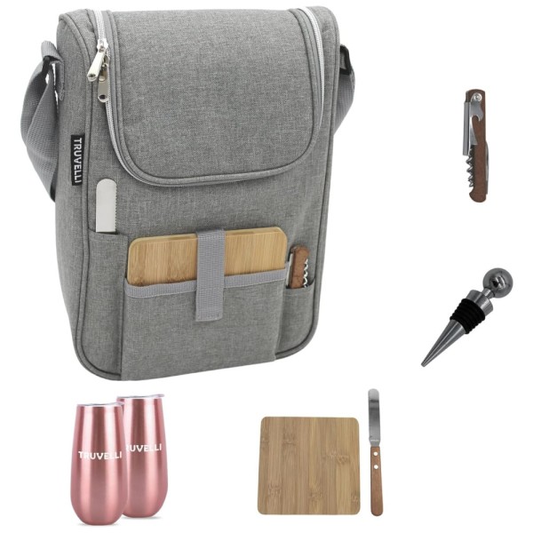 Sacola Térmica para Vinho Truvelli Portátil 2 Garrafas com Queijo à Prova dÁgua em Lona Preta - Kit de Piquenique com Tampo de Madeira,Plush Picnic