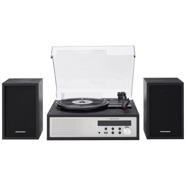 Encontraproduto.com.br - Toca-Discos Crosley CR7022ABK Sloane 3 Velocidades com Bluetooth e Rádio FM, Sistema de Prateleira com Alto-Falantes Estéreo Combinados, Preto