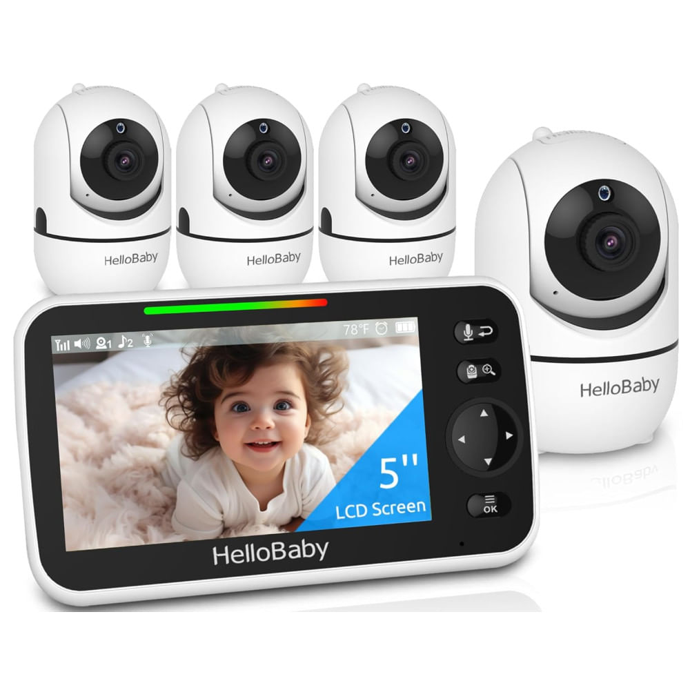 Encontraproduto.com.br - Monitor de Bebê HelloBaby HB6550 com 4 Câmeras - Sem WiFi, Bateria de 26 Horas, Alcance de 300m, Visão Noturna e Mais