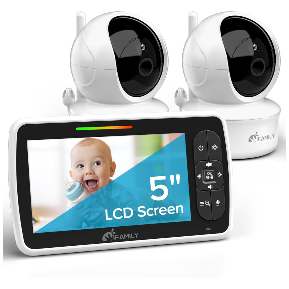 Babá Eletrônica iFamily com 2 Câmeras, Controle Remoto PanTiltZoom, Tela de 12,7 cm, Visão Noturna, Termômetro, Músicas - Ideal para Vigilância