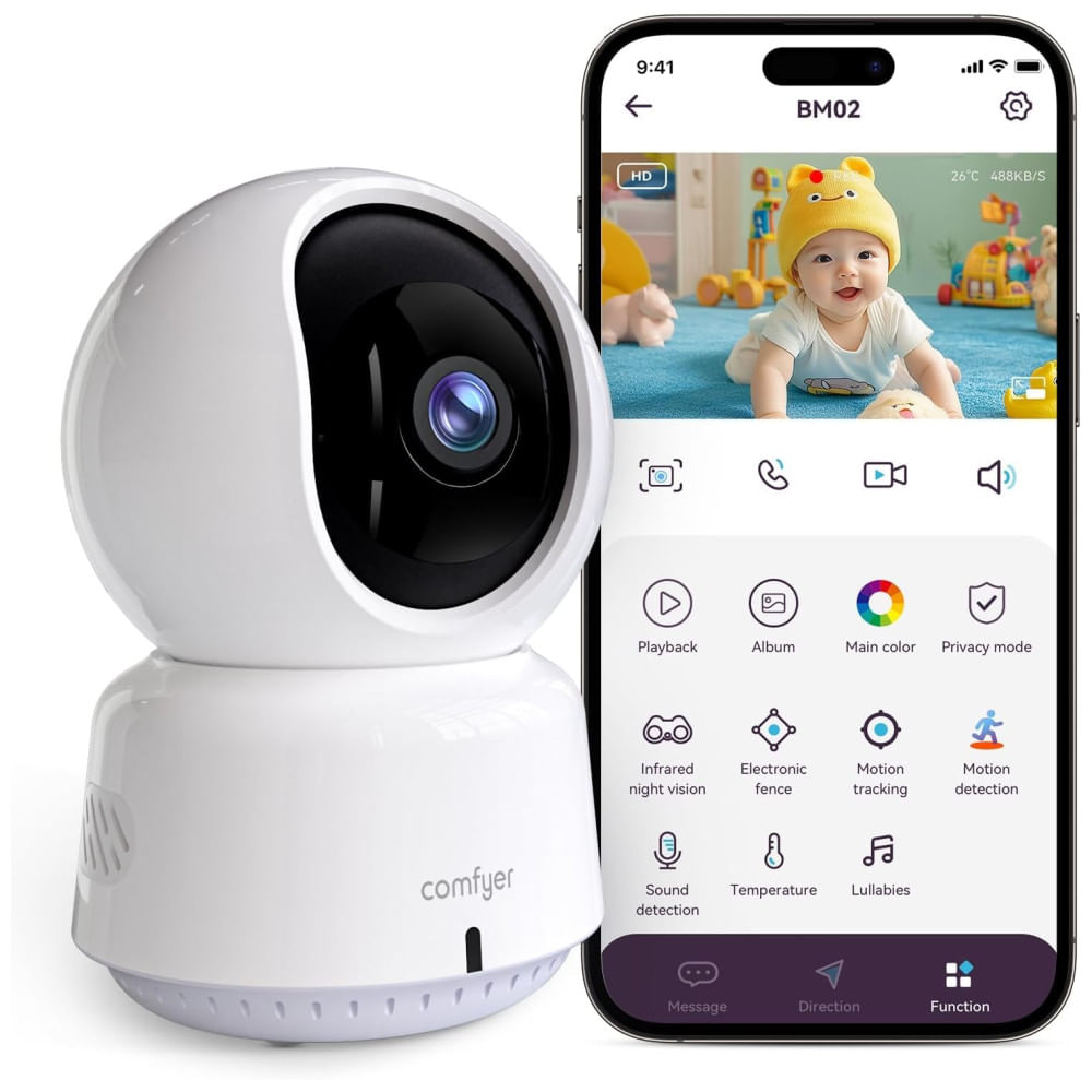 Câmera de Vigilância BabyPet para Ambientes Internos, Resolução 2K QHD, Controle via App, Rastreamento Automático, Detecção de Movimento ,Comfyer