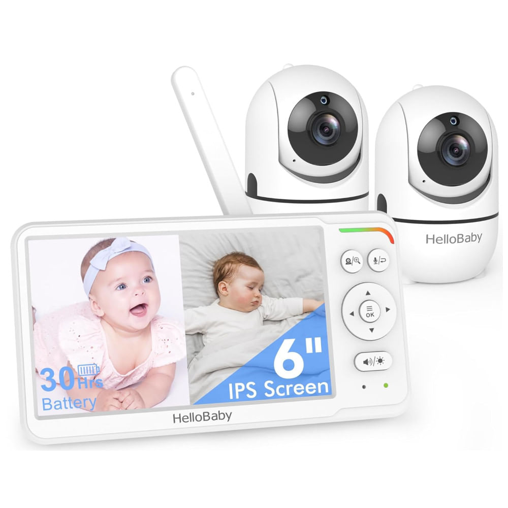 Monitor de Bebê HelloBaby, Tela Dividida IPS de 15,24 cm, 2 Câmeras, 30h de Bateria, Visão Noturna, Controle de Pan/Tilt, 304,8m, Monitor de Vídeo e