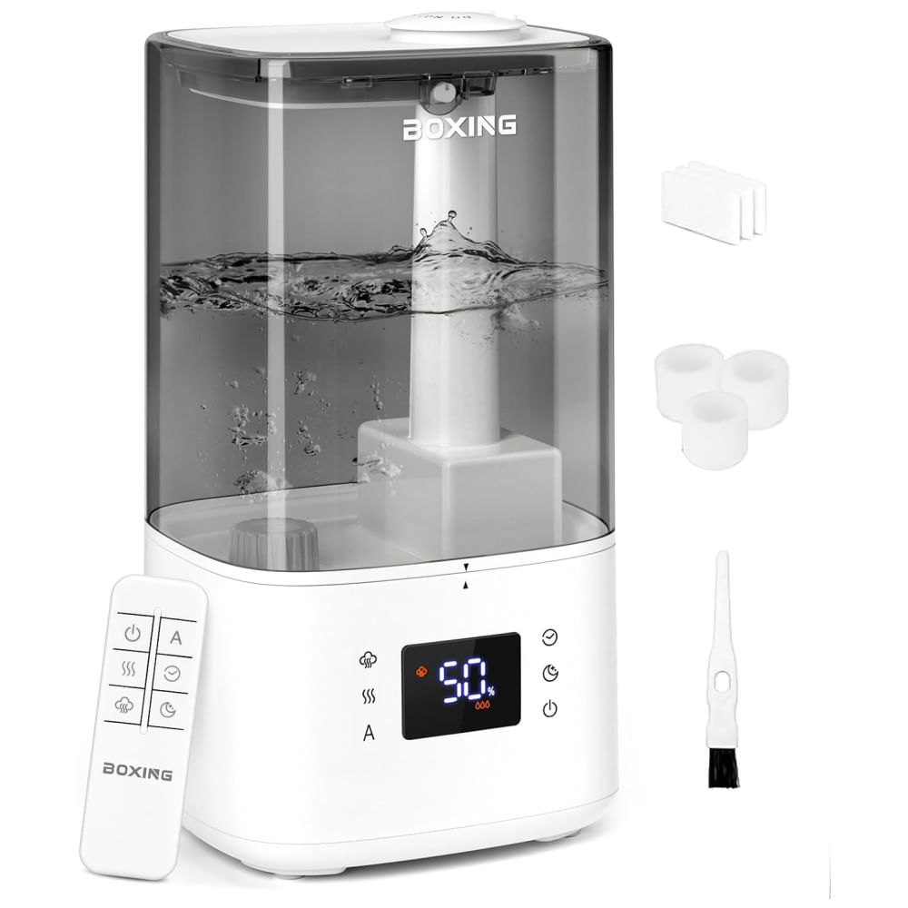 Umidificador BOXING 6 Litros com Vapor Quente e Frio, Controle Remoto, Modo Automático - Ideal para Quarto de Bebê e Plantas, Enchimento Fácil, Modo