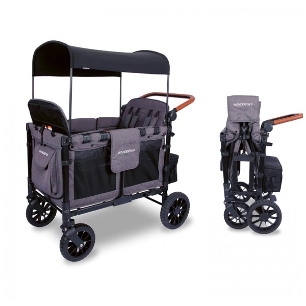 Encontraproduto.com.br - Carrinho de Passeio para 4 Crianças Multifuncional com Porta Objeto e Cobertura, até 136 kg, WONDERFOLD W4, Preto