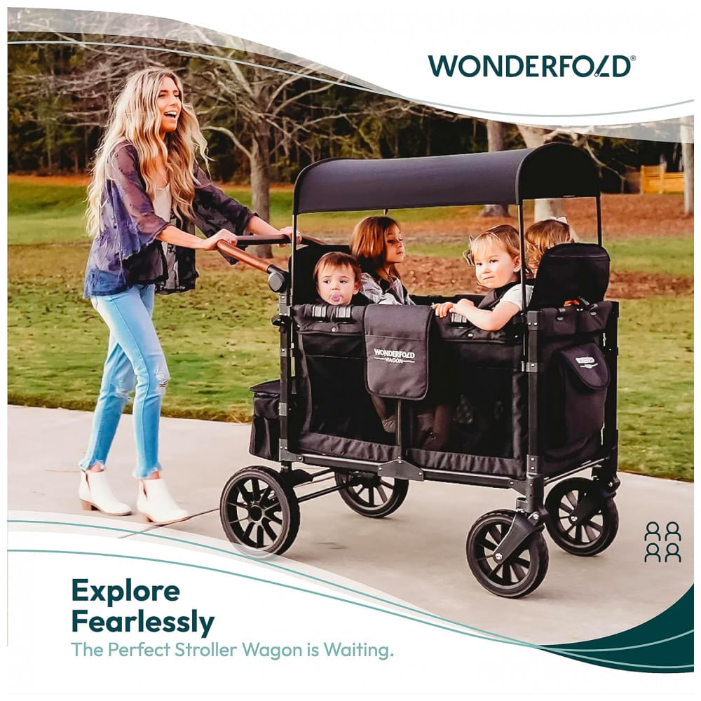Encontraproduto.com.br - Carrinho de Passeio para 4 Crianças Multifuncional com Porta Objeto e Cobertura, até 136 kg, WONDERFOLD W4, Preto