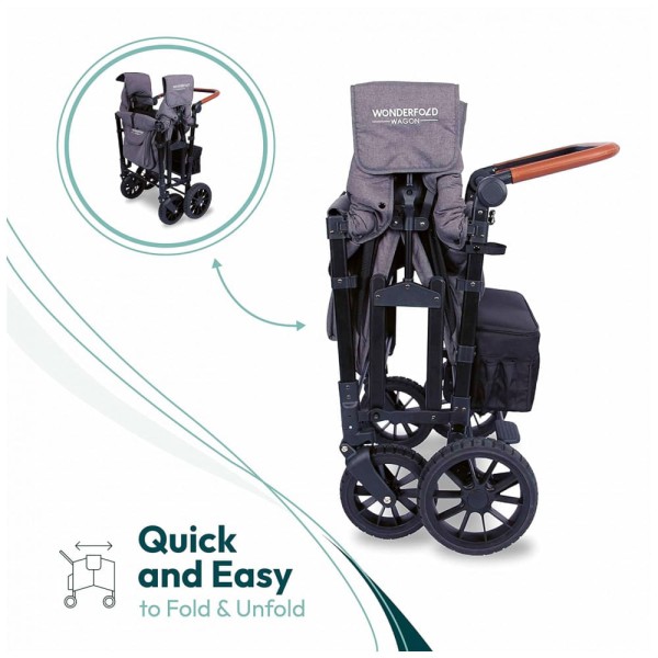Encontraproduto.com.br - Carrinho de Passeio para 4 Crianças Multifuncional com Porta Objeto e Cobertura, até 136 kg, WONDERFOLD W4, Preto