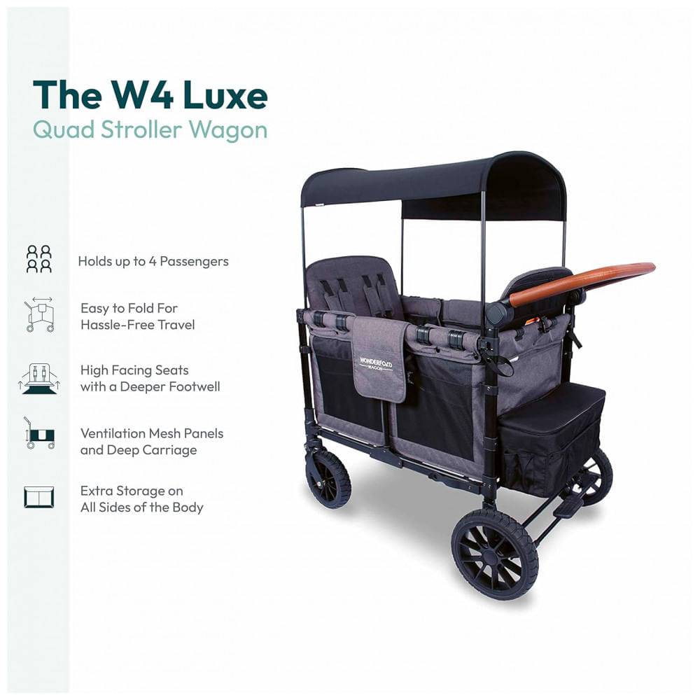 Encontraproduto.com.br - Carrinho de Passeio para 4 Crianças Multifuncional com Porta Objeto e Cobertura, até 136 kg, WONDERFOLD W4, Preto