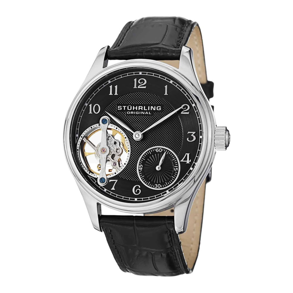 Encontraproduto.com.br - Roleta 301: Relógio Clássico 42mm com Mostrador Preto e Pulseira de Couro Preto com Fivela em PVD Preto - Stuhrling.