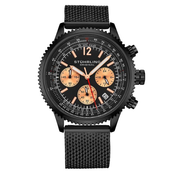 Encontraproduto.com.br - Roleta 301: Relógio Clássico 42mm com Mostrador Preto e Pulseira de Couro Preto com Fivela em PVD Preto - Stuhrling.