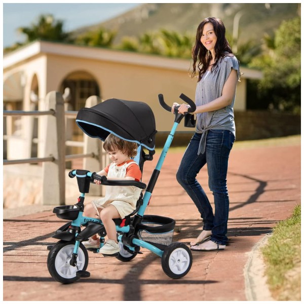 Encontraproduto.com.br - Triciclo Infantil para Passeio com Assento Ajustável 7 Estágios, Idade Recomendada 1 a 4 Anos, HONEY JOY, Azul