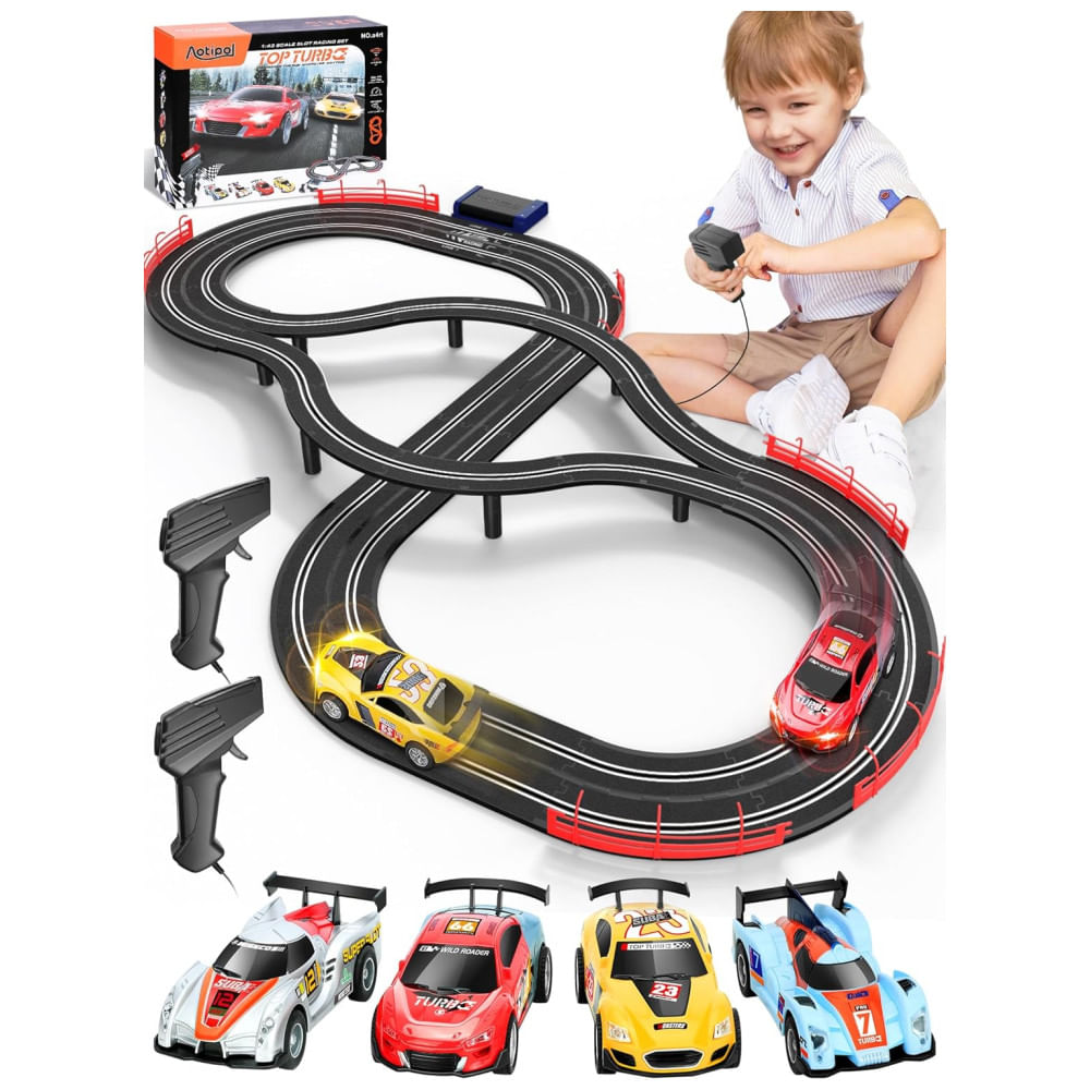 Pista de Corrida Elétrica, Escala 1:43 com 2 Controles, 4 Carros para Crianças Acima de 4 Anos, Aotipol, Colorida