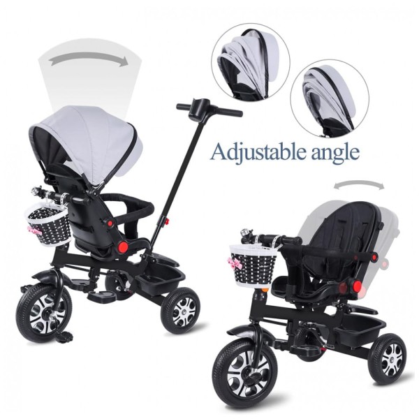 Encontraproduto.com.br - Triciclo Infantil 6 em 1 com Guarda Copo, Assento Giratório, Alça de Empurrar e Cobertura, LazyWomen, Preto