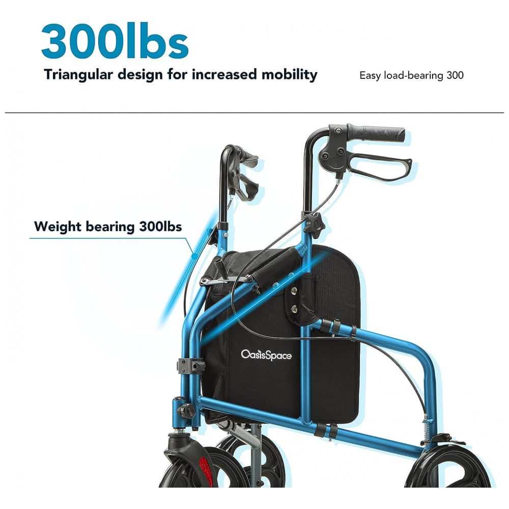 Andador para Idosos e Adultos com 3 Rodas e Bolsa de Transporte, até 136 Quilos, OasisSpace, Azul