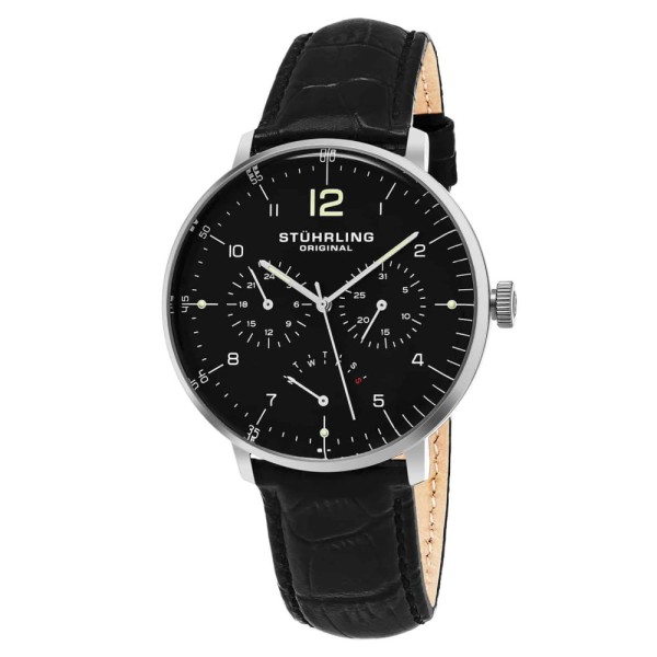 Relógio masculino Vitesse Larvotto 733 com cronógrafo, mostrador preto e pulseira de couro preta. Stuhrling