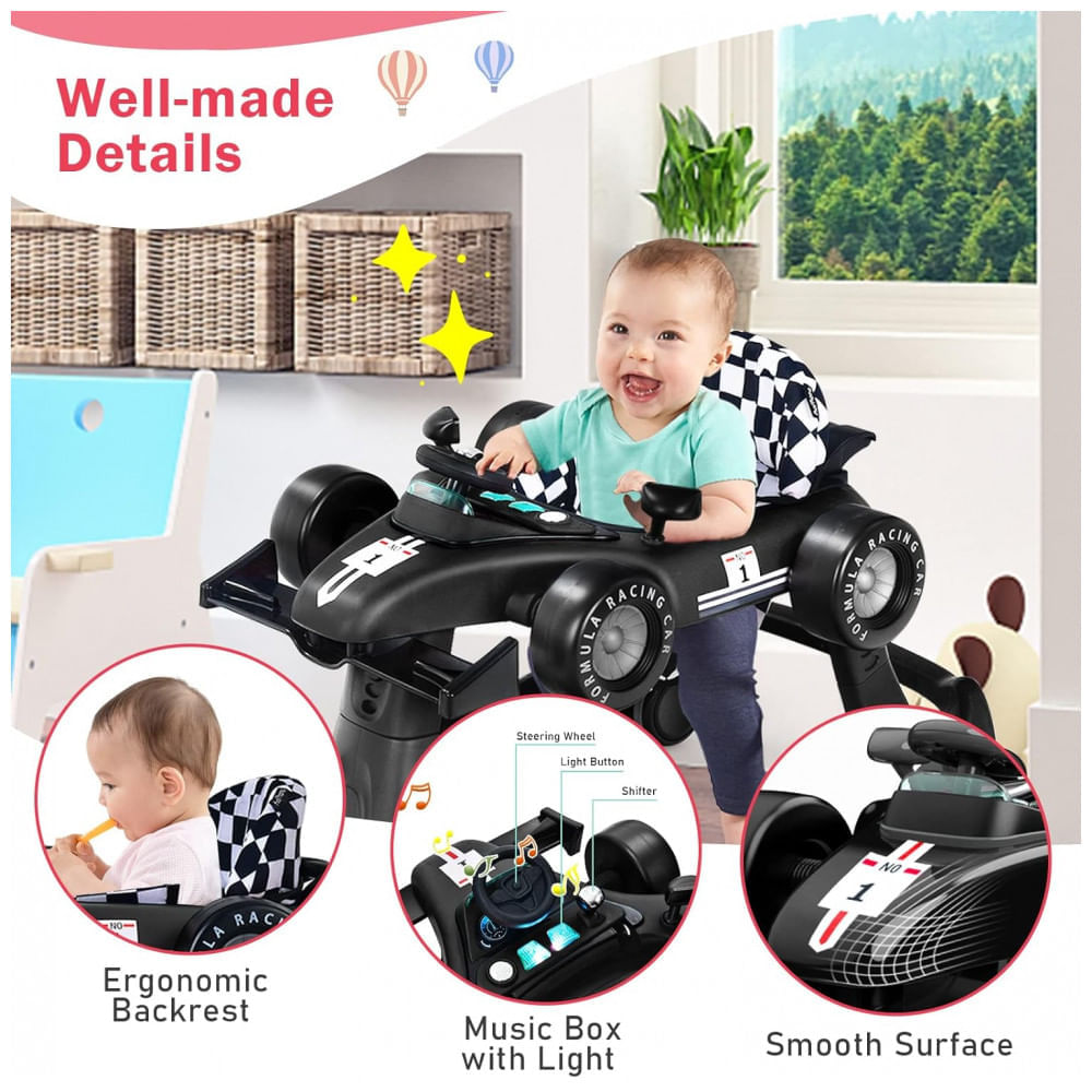 Andador Infantil Interativo 4 em 1 com Sons, Luzes e Atividades, Baby Joy, Preto