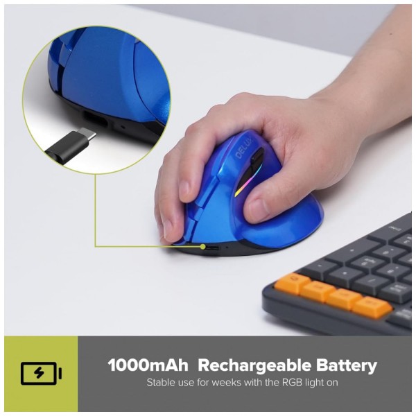 Encontraproduto.com.br - Mouse Ergonômico Recarregável Reduz a Tensão do Pulso com 4 Configurações DPI, DELUX M618mini, Azul
