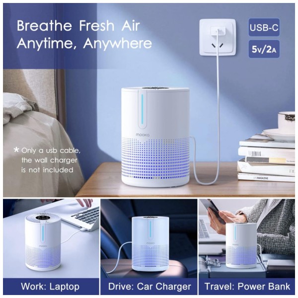 Encontraproduto.com.br - Purificador de Ar Portátil com Cabo USB e Filtro HEPA H13, Cobertura de 27 m2, Bivolt MOOKA, Branco