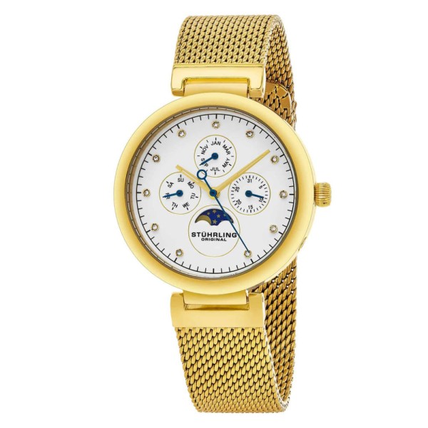 Encontraproduto.com.br - Relógio Selene 672 37mm com Mostrador Branco e Pulseira de Aço Inoxidável Dourada, da Stuhrling.