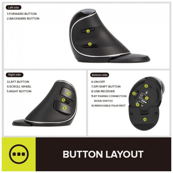 Encontraproduto.com.br - Mouse Ergonômico Vertical Óptico sem Fio Reduz a Tensão do Pulso Multifunções, 800, 4000 DPI, DELUX M618PD, Preto