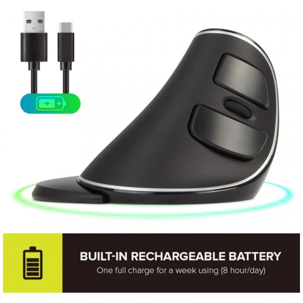 Encontraproduto.com.br - Mouse Ergonômico Vertical Óptico sem Fio Reduz a Tensão do Pulso Multifunções, 800, 4000 DPI, DELUX M618PD, Preto