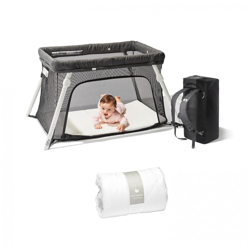 Cercadinho para Bebê com Design de Mochila Leve e Lençol Acolchoado, Guava Family, Cinza, Preto e Branco