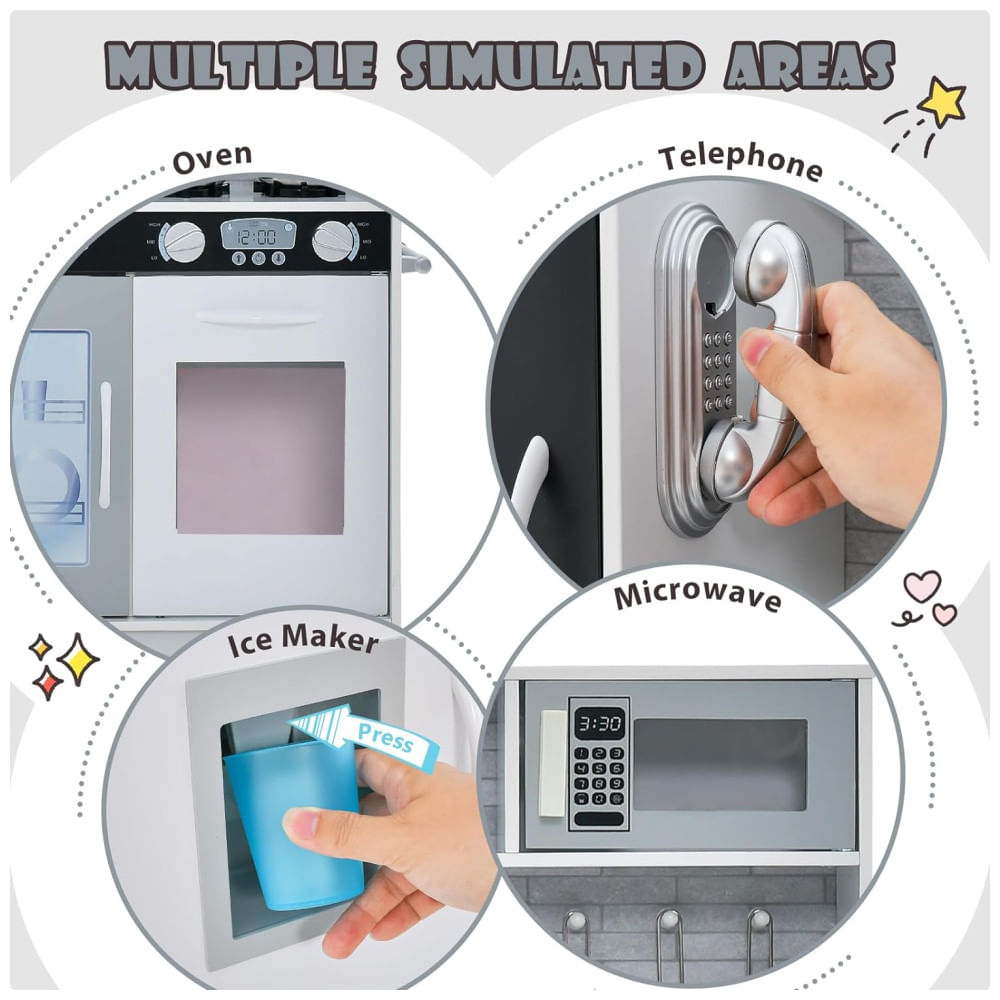 Cozinha Infantil em Madeira com Quadro Negro, Telefone, Micro-ondas, Máquina de Fazer Gelo, Máquina de Lavar Louça e Forno, Costzon, Branca