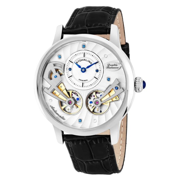Relógio Sagittarian 740 Automático 45mm com Mostrador Prateado e Pulseira de Couro Preta - Stuhrling