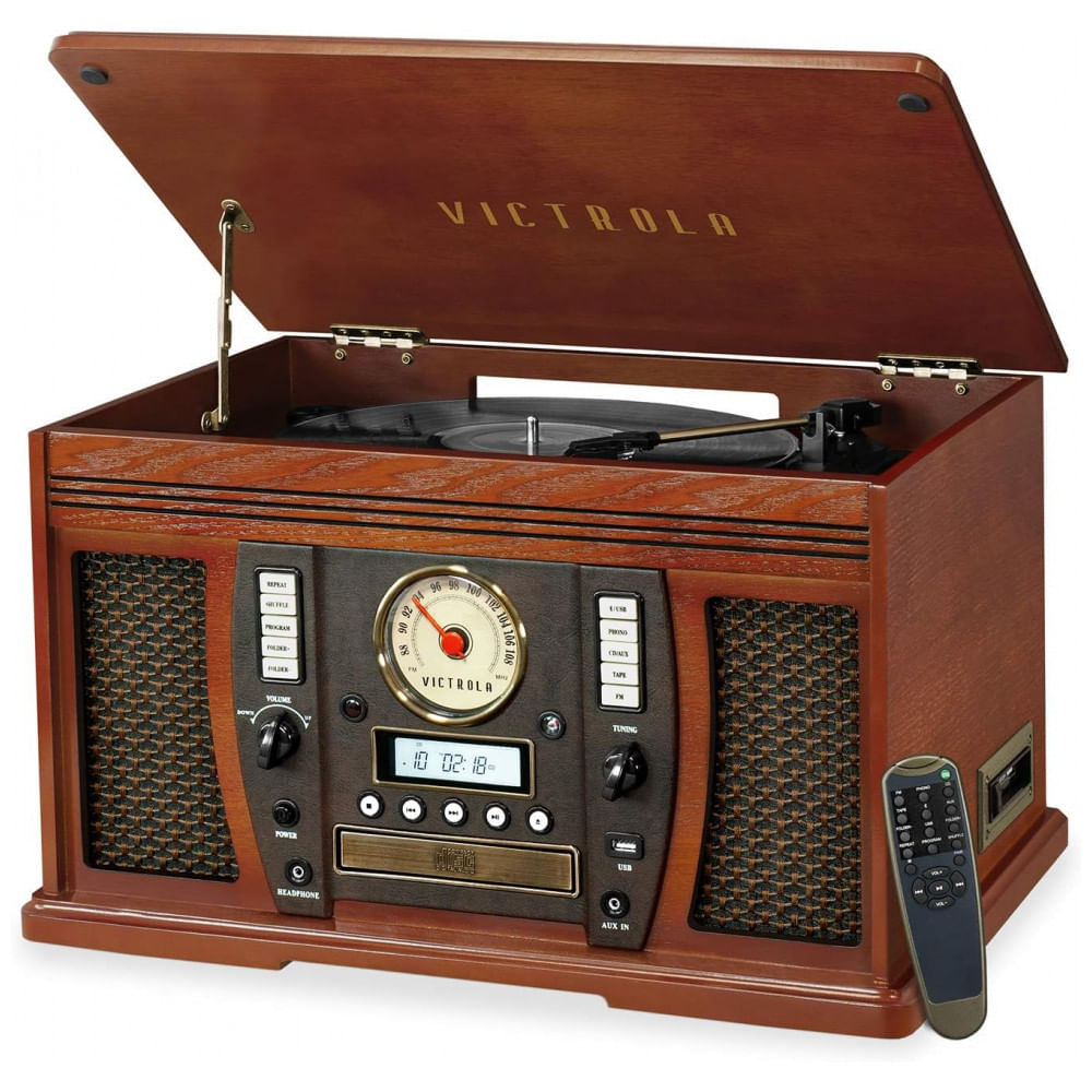 Toca Discos Central Multimídia 8 em 1 com Bluetooth e Alto-falantes Integrados, Victrola Aviator, Marrom