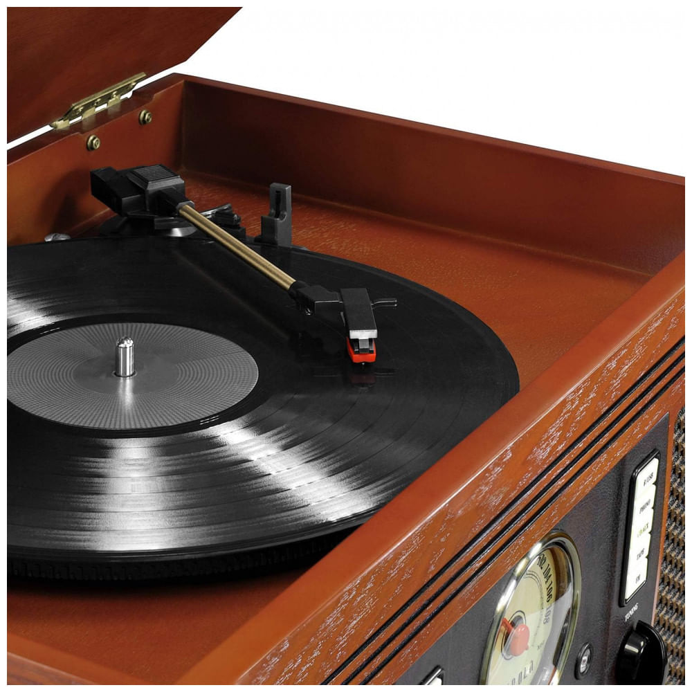 Encontraproduto.com.br - Toca Discos Central Multimídia 8 em 1 com Bluetooth e Alto-falantes Integrados, Victrola Aviator, Marrom
