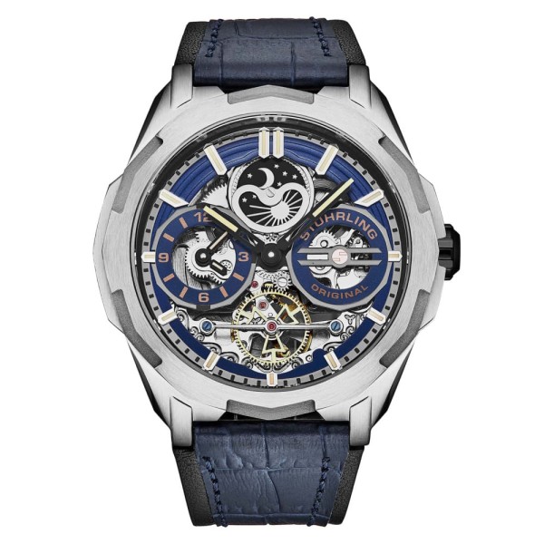 Encontraproduto.com.br - Navegador Automático Dual Time 46mm com Mostrador e Pulseira Azul e Moldura Prateada da Stuhrling.