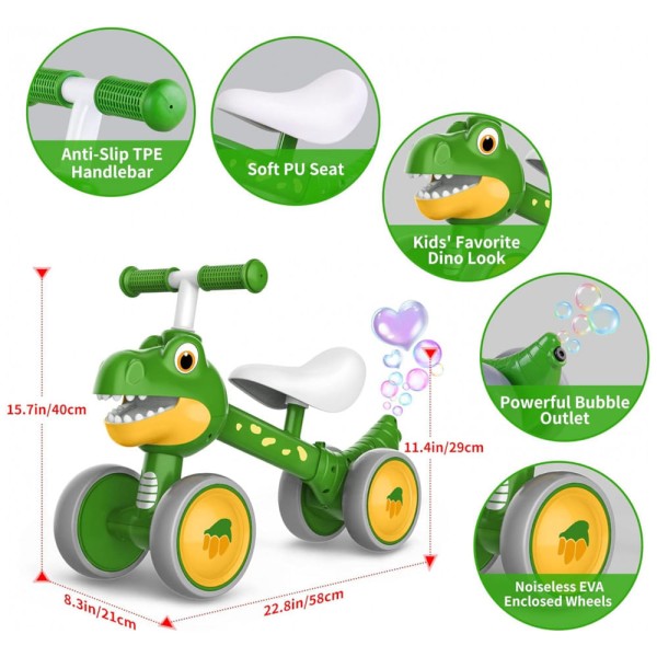 Encontraproduto.com.br - Bicicleta sem Pedal com 4 Rodas para Crianças de 1 a 3 Anos, Afranti Dinossauro, Verde