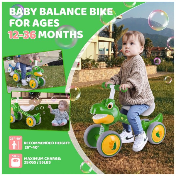 Encontraproduto.com.br - Bicicleta sem Pedal com 4 Rodas para Crianças de 1 a 3 Anos, Afranti Dinossauro, Verde