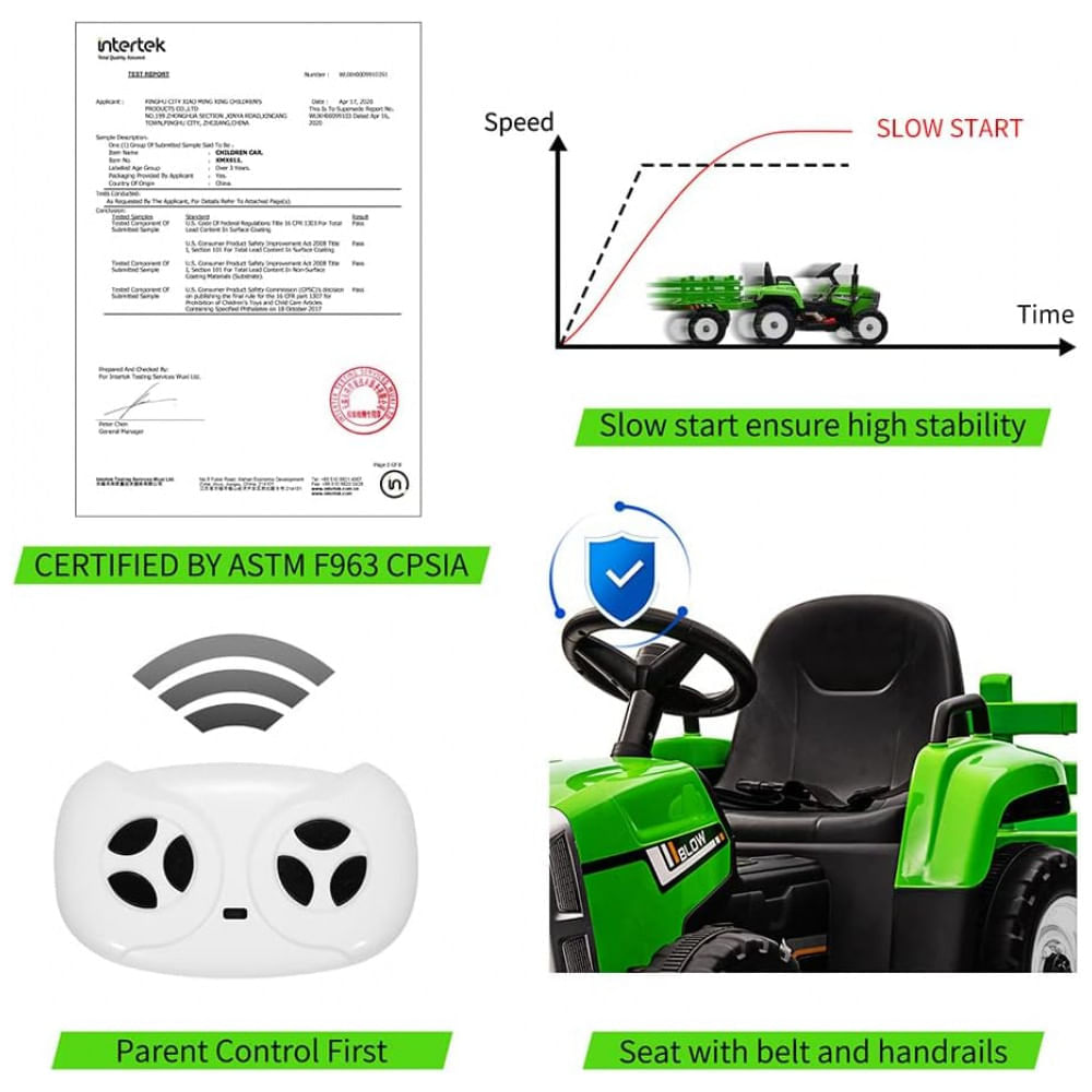 Encontraproduto.com.br - Trator Elétrico Infantil com Reboque, Controle Remoto e Faróis de LED, 12V, PALBYS, Verde