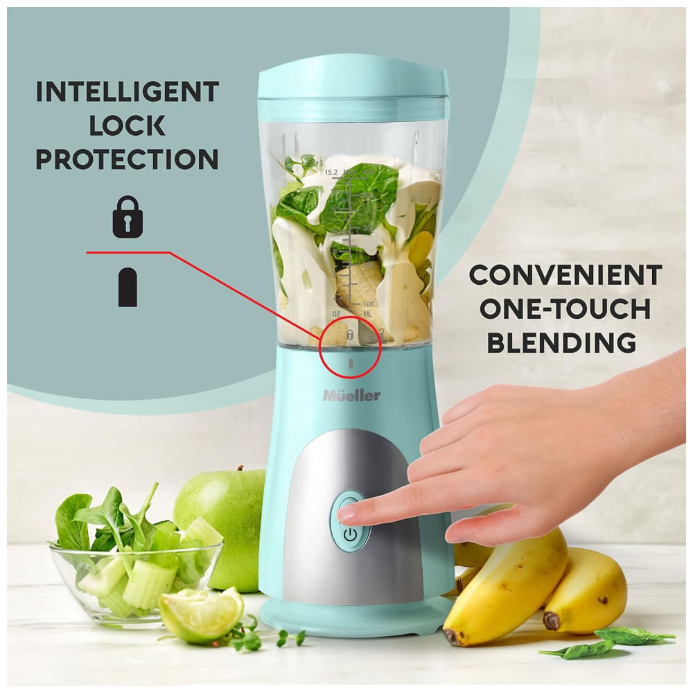 Encontraproduto.com.br - Liquidificador para Vitaminas 440mL com Copo de Viagem e Tampa para Shakes, 110V, Mueller, Azul