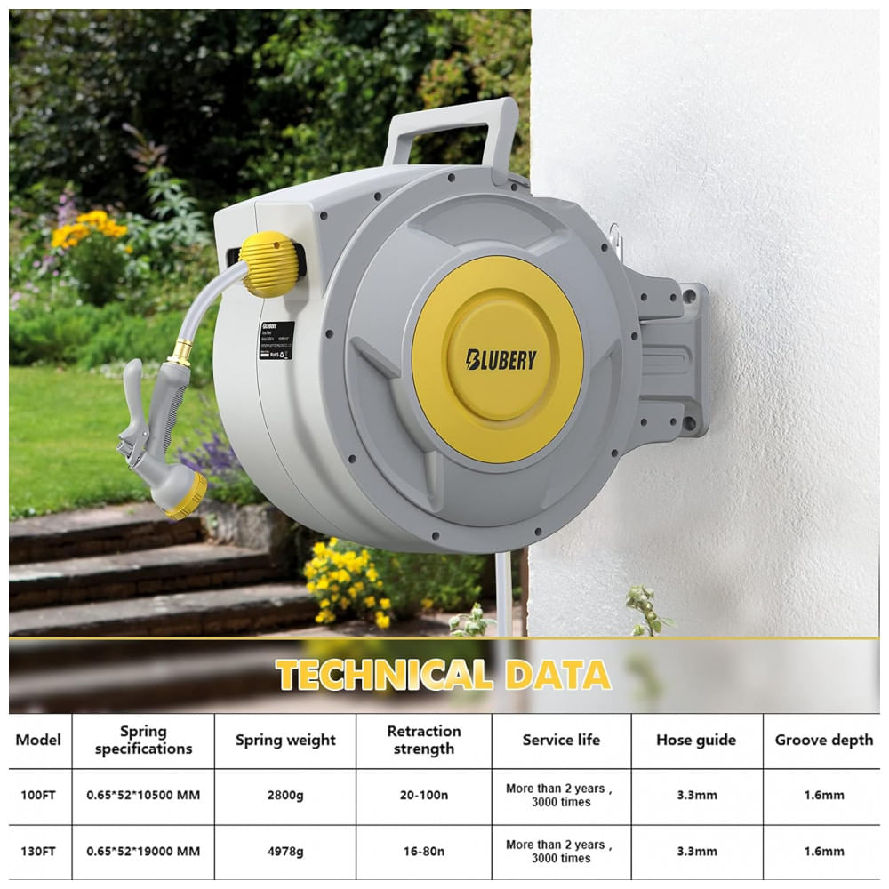 Encontraproduto.com.br - Mangueira de Jadim 39M com Enrolador Retrátil, Bico de 8 Padrões e Rebobinamento Automático de Qualquer Comprimento, BLY, Cinza e Amarelo