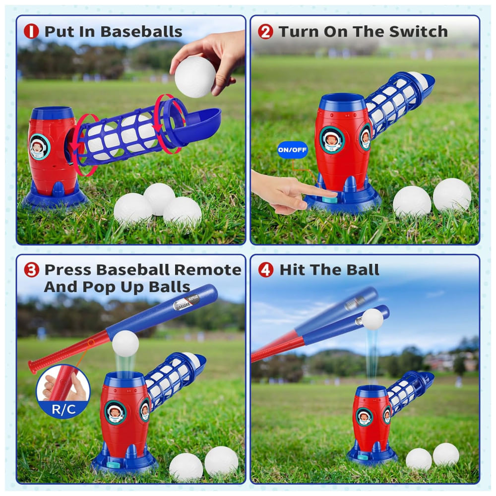Encontraproduto.com.br - Lançador de Bolas Automático Infantil com Taco de Beisebol de Plástico para Crianças de 5 a 12 Anos, LZZAPJ, Azul e Vermelho