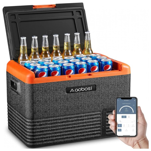 Encontraproduto.com.br - Cooler Eletrico Automotivo Portatil 40 Litros Com Controle Por App E Painel De Led, Aaobosi, Preto E Laranja