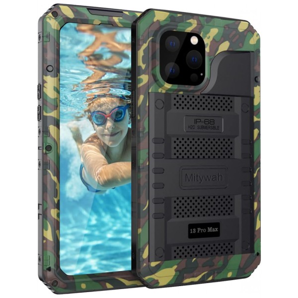 Encontraproduto.com.br - Capa para Iphone 13 Pro Max com Protetor de Tela Embutido e à Prova dÁgua, Mitywah, Verde Camuflada